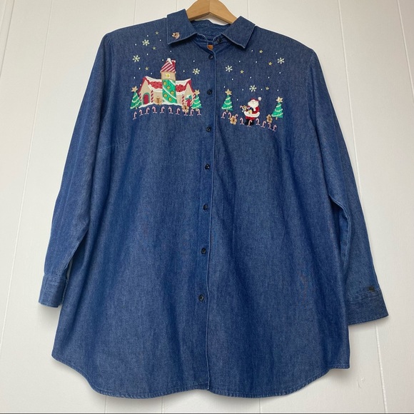 Karen Scott II Holiday Embellished Denim Button Up Shirt Women’s Size 1X - Picture 6 of 9